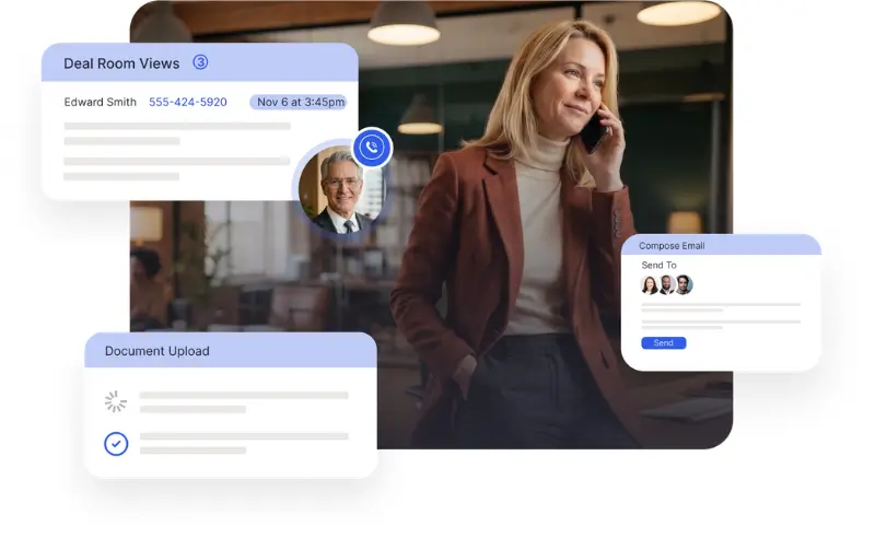 InvestNext platform showing deal room views, document uploads, and investor email communications