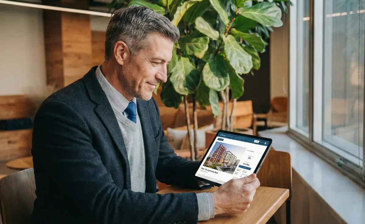 Investor reviewing a real estate offering in the InvestNext investor portal on a tablet