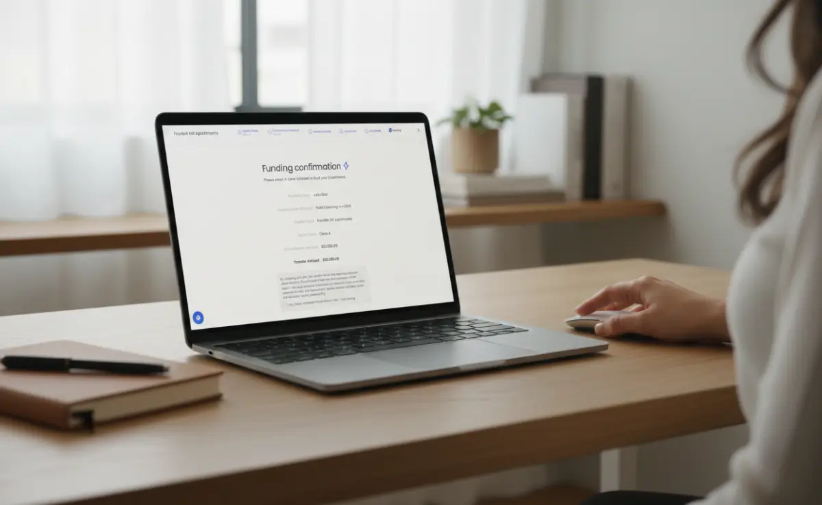 Investor completing a funding confirmation in the InvestNext portal on a laptop