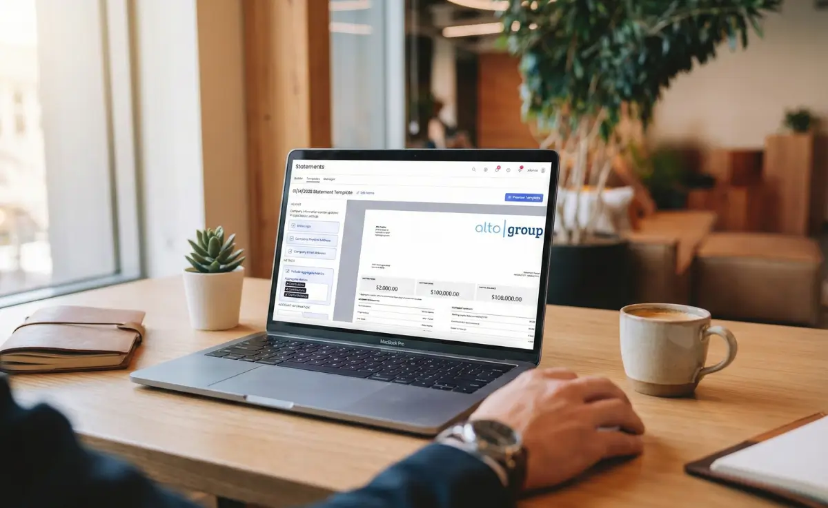 Investor statement template being built in InvestNext on a laptop